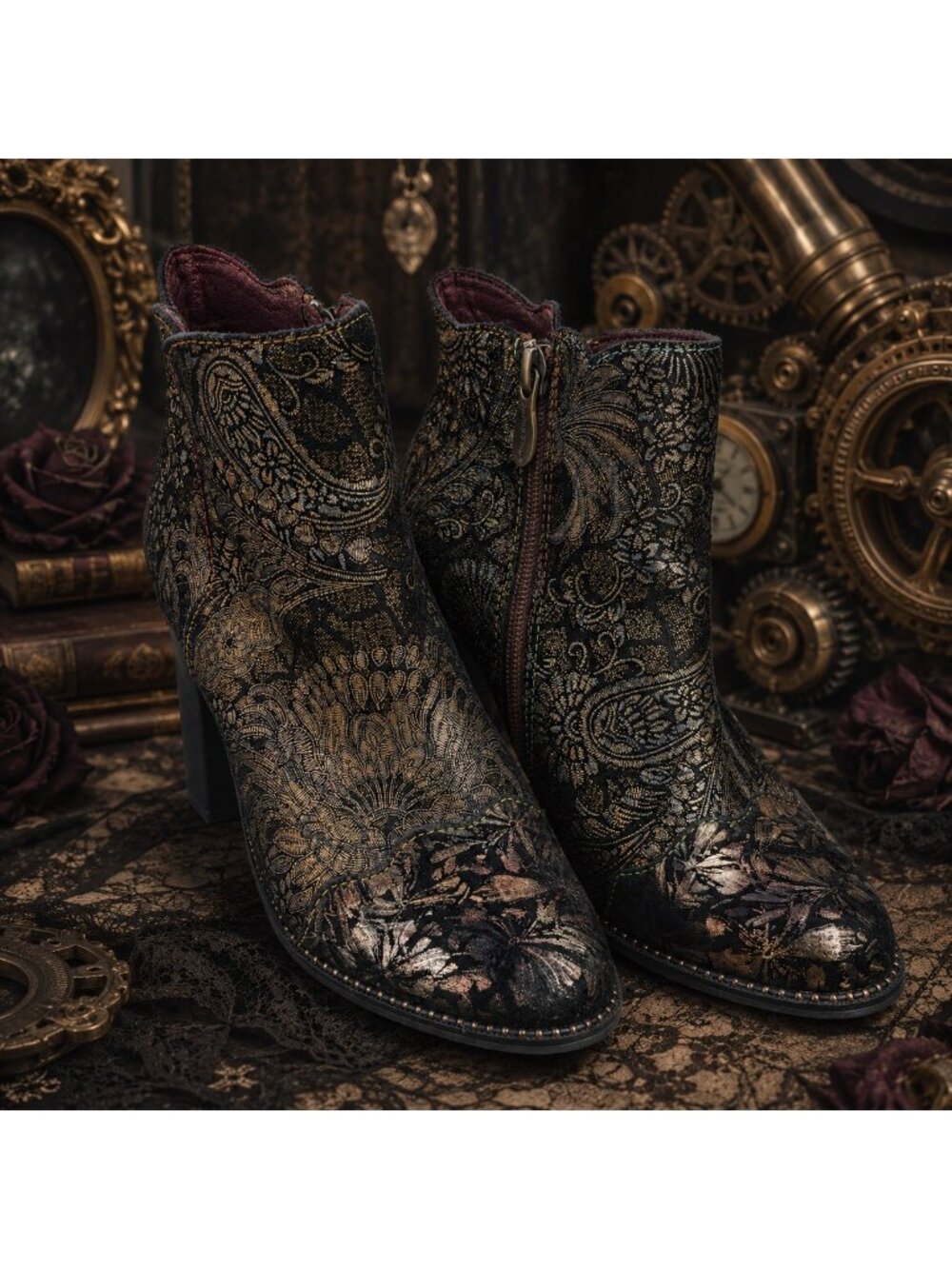 Spring Step LArtiste Floral Paisley Ankle Boots Size 38 Steampunk Whimsigoth